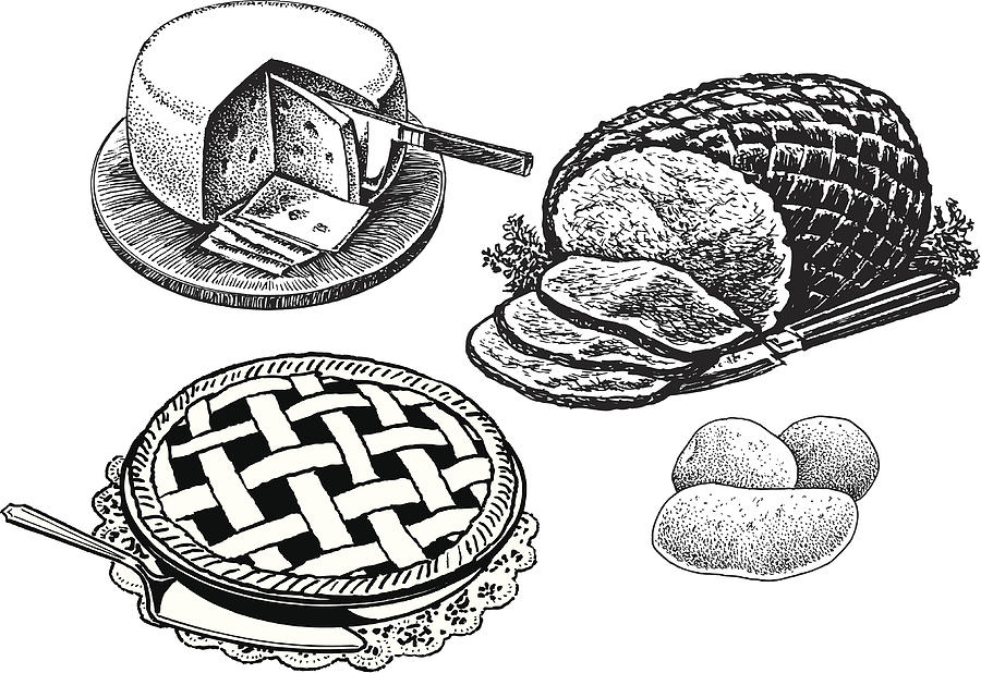 Dinner - Cheese, Sliced Ham, Pie, Potatoes, Holiday Food Drawing by KeithBishop