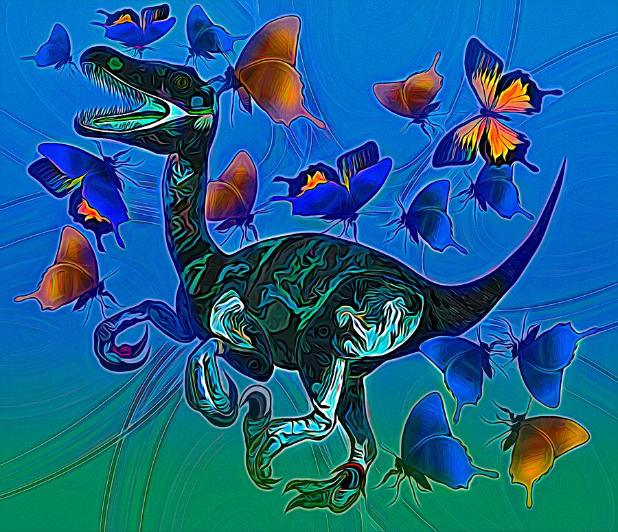 Dinosaur Raptor and Butterflies Drawing by Joan Stratton