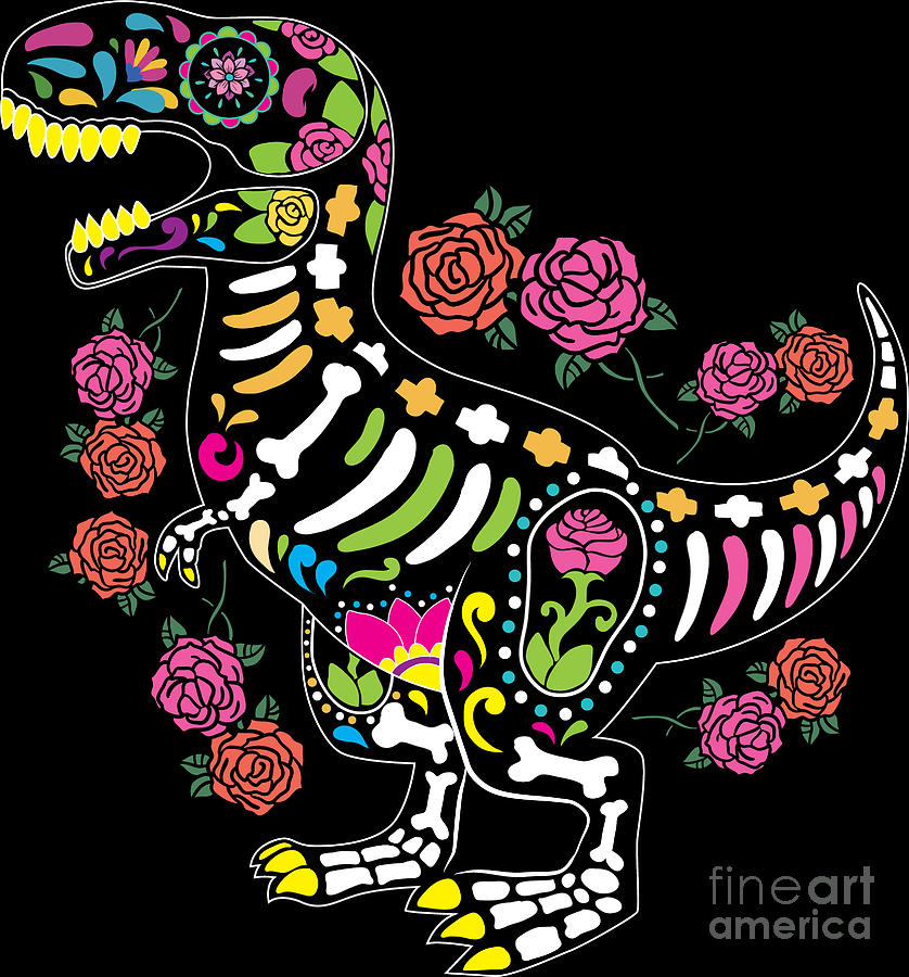 Dinosaur Sugar Skull Day of The Dead Kids Dino Gift by Haselshirt