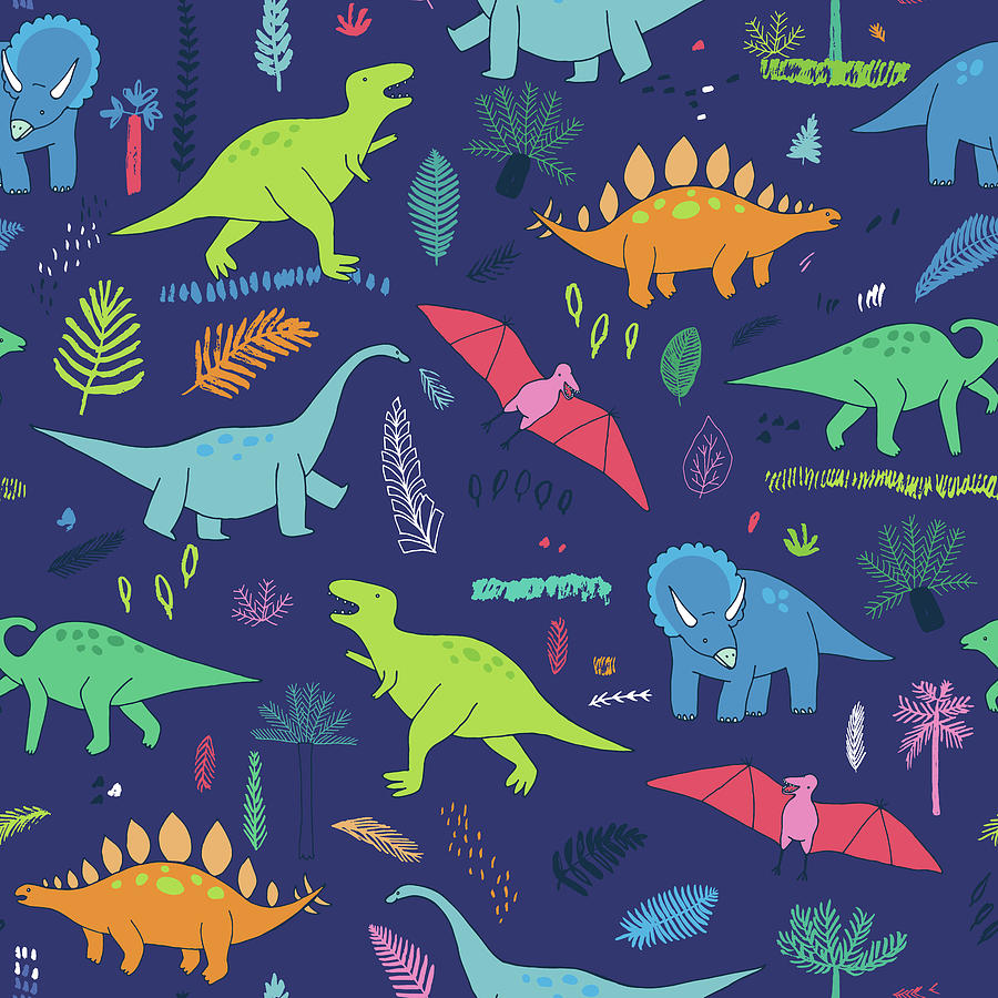 Dinosaurs adventure with palms and tropical leaves seamless hand drawn ...