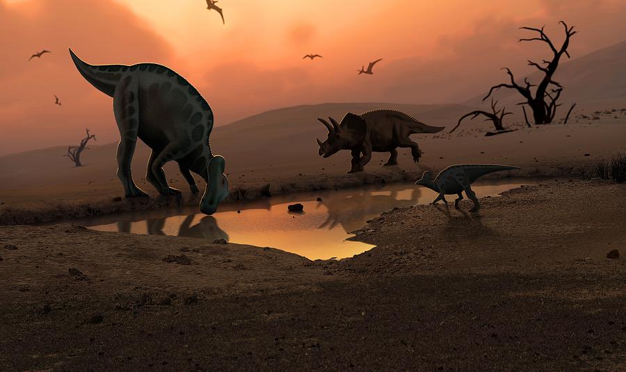 Dinosaurs at a watering hole, illustration Drawing by Mark Garlick/science Photo Library