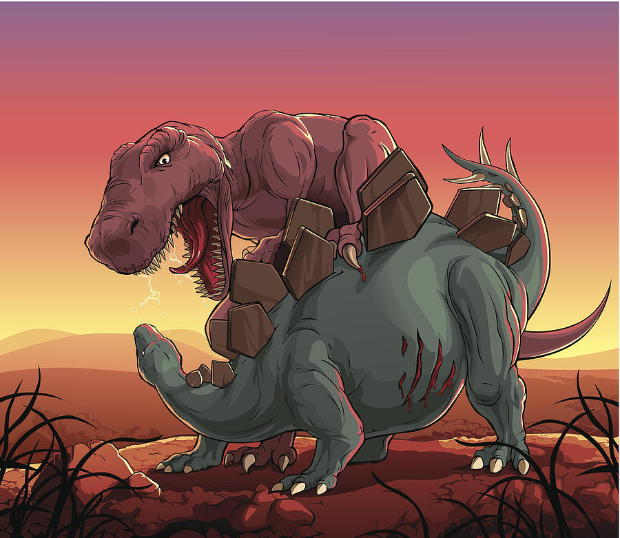 Dinosaurs fight: T-Rex vs Stegosaurus Drawing by Denzorr