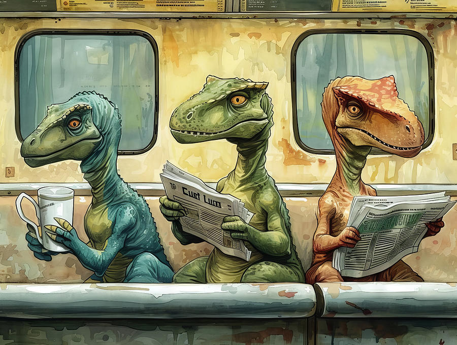 Dinosaurs in subway car commute Drawing by Karen Foley