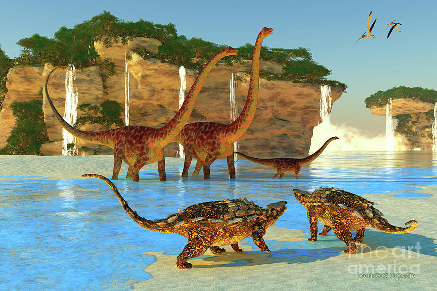 Diplodocus Dinosaur Shoreline Digital Art by Corey Ford