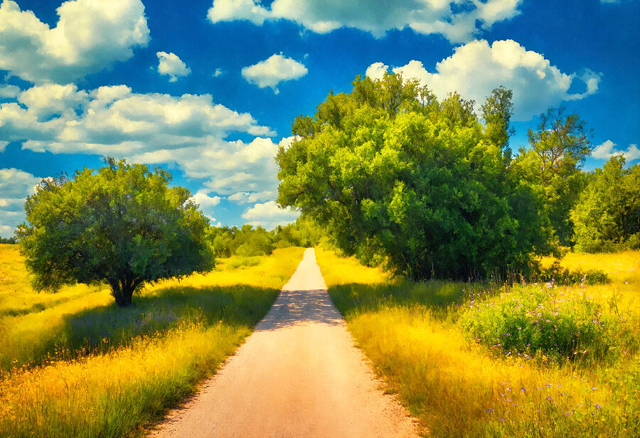 Dirt road crossing grassland with wild flowers and trees - watercolor painting Digital Art by Nicko Prints Dirt road crossing grassland with wild flowers and trees - watercolor painting Digital Art by Nicko Prints