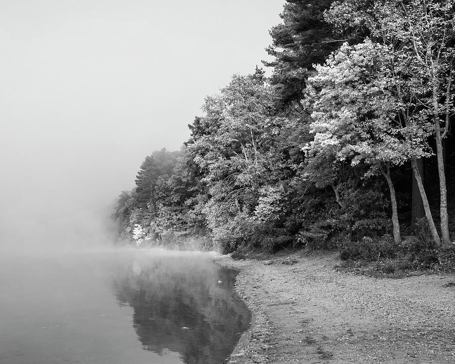 Disappearing into the Mist Autumn Morning on Walden Pond in Concord Massachusetts Fall Foliage BW Photograph by Toby McGuire