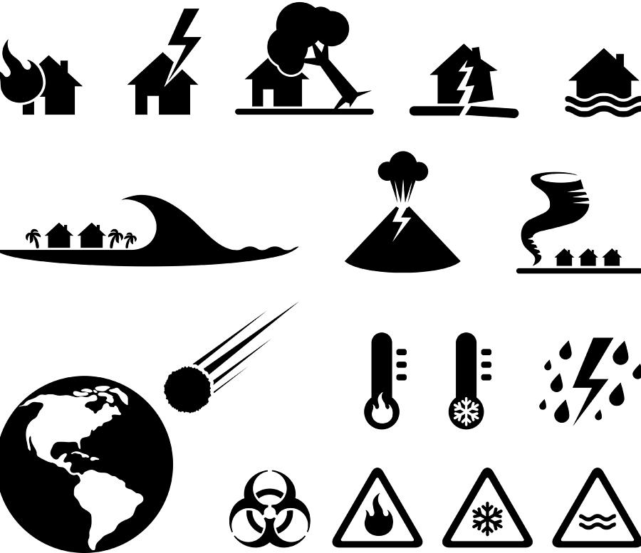 Disaster Black & White Royalty Free Vector Icon Set Drawing by Bubaone