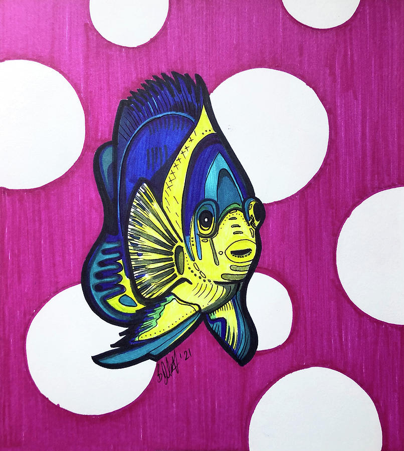 Discus Fish Blue and Yellow Drawing by Creative Spirit