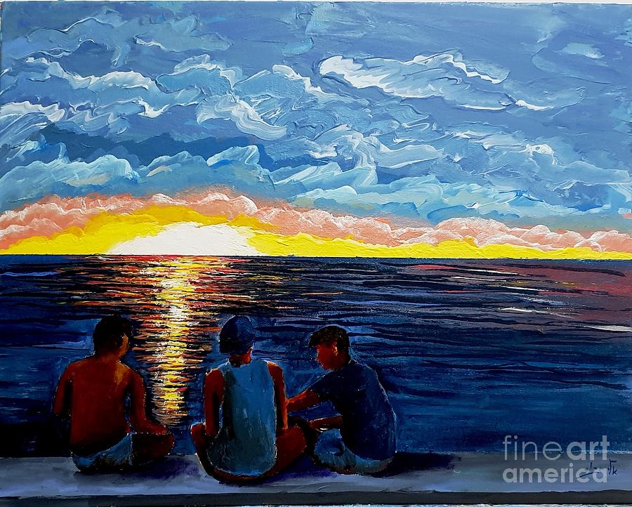 Discuss world affairs over sunset   Painting by Eli Gross