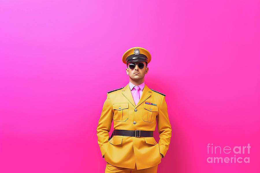 Disguised man, serious look, police officer with vibrant colors and clothing. Photograph by Joaquin Corbalan