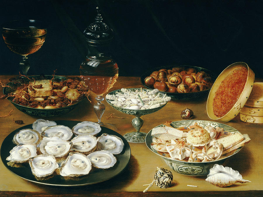 Dishes with Oysters Fruit and Wine at Still life Painting by Osias Beert