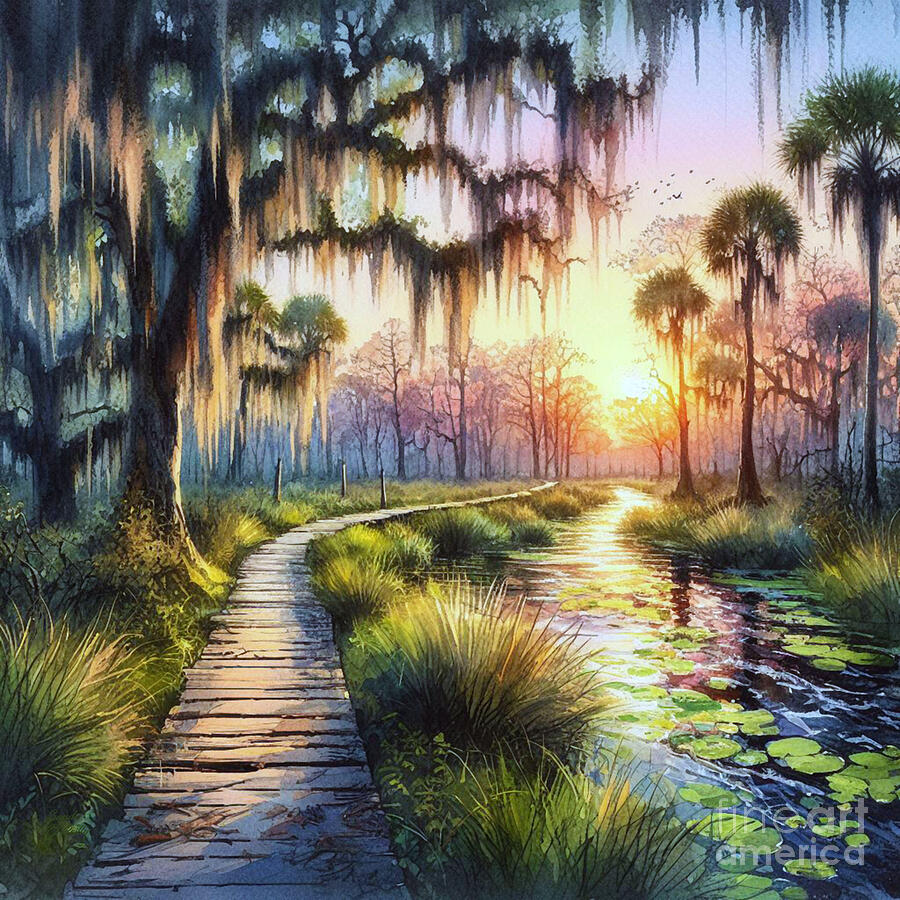 Tree Mixed Media - Dismal Swamp Boardwalk Trail Sunset by Sandi OReilly