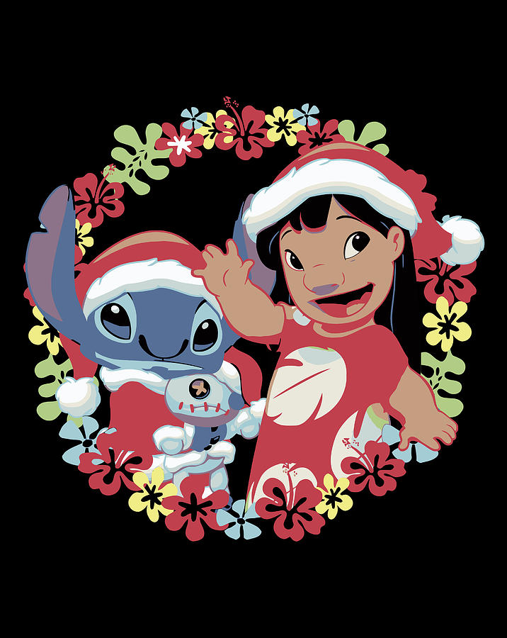 Disney Lilo Stitch Christmas Hawaiian Flower Wreath Drawing by Lucy Wilk