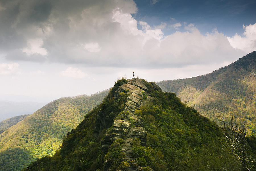 Distant View Of A Man Standing On A Mountain Top In The  Smoky Mountain National Park Photograph by Chris Swartwood