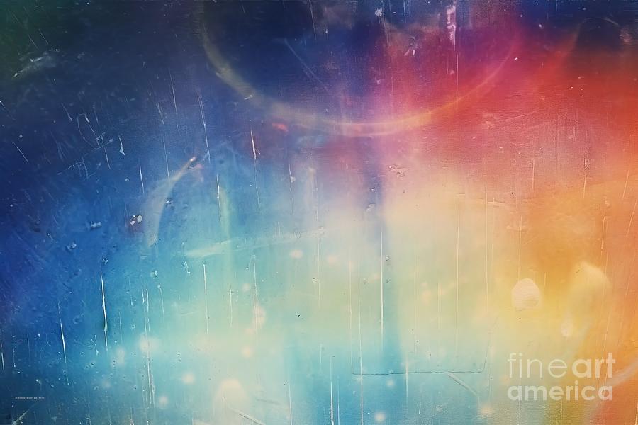 Abstract Painting - Distressed background. Colorful lens flare. Blue weathered faded stained glass with dust scratches texture smeared dirt blur rainbow light effect. by N Akkash