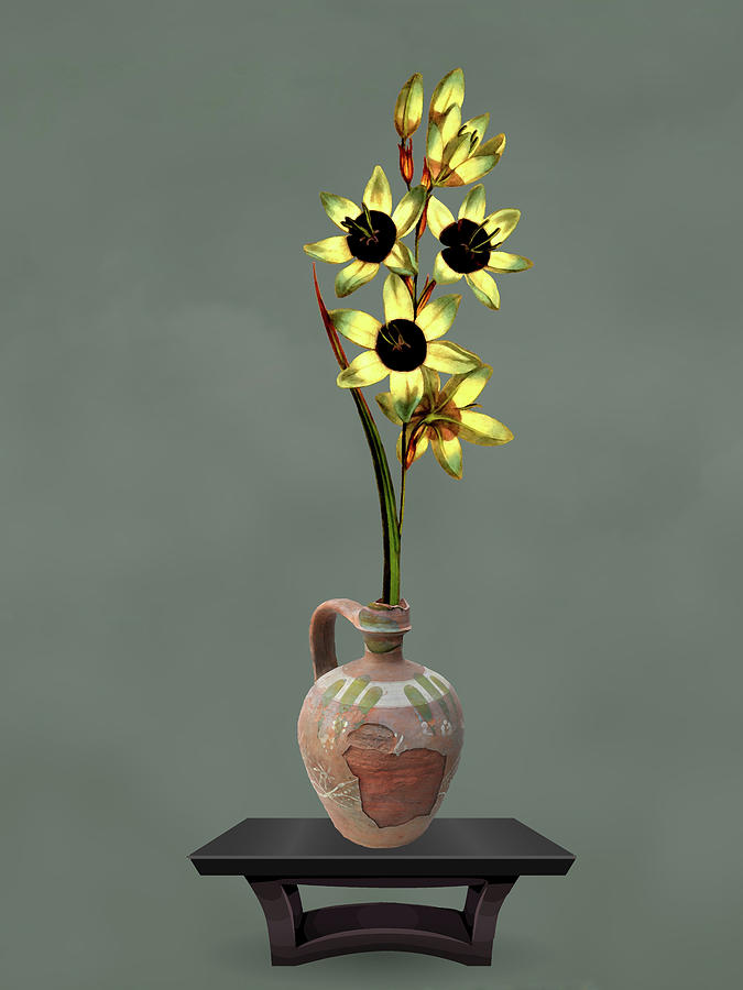 Distressed Clay Pot with Handle and Flowers  Mixed Media by David Dehner