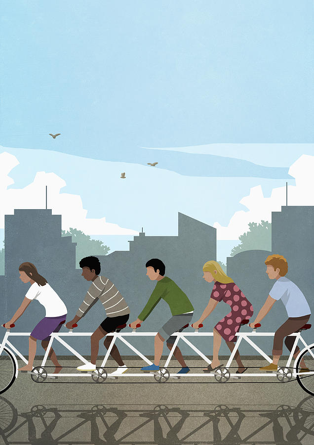 Diverse friends riding tandem bicycle in city Drawing by Malte Mueller
