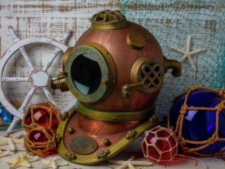 Vintage Photograph - Diving Helmet And Glass Floats by Garry Gay