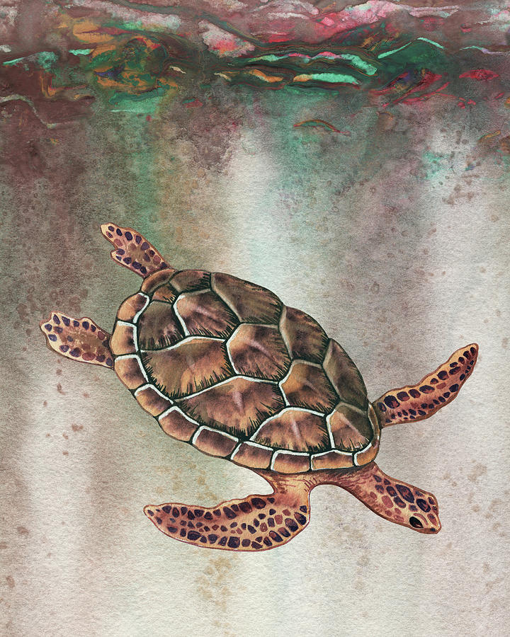 Diving In For More Giant Sea Turtle Watercolor  Painting by Irina Sztukowski