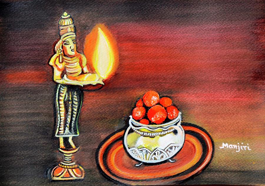 Diwali Festival art Gulab Jamun sweet and oil lamp  Painting by Manjiri Kanvinde