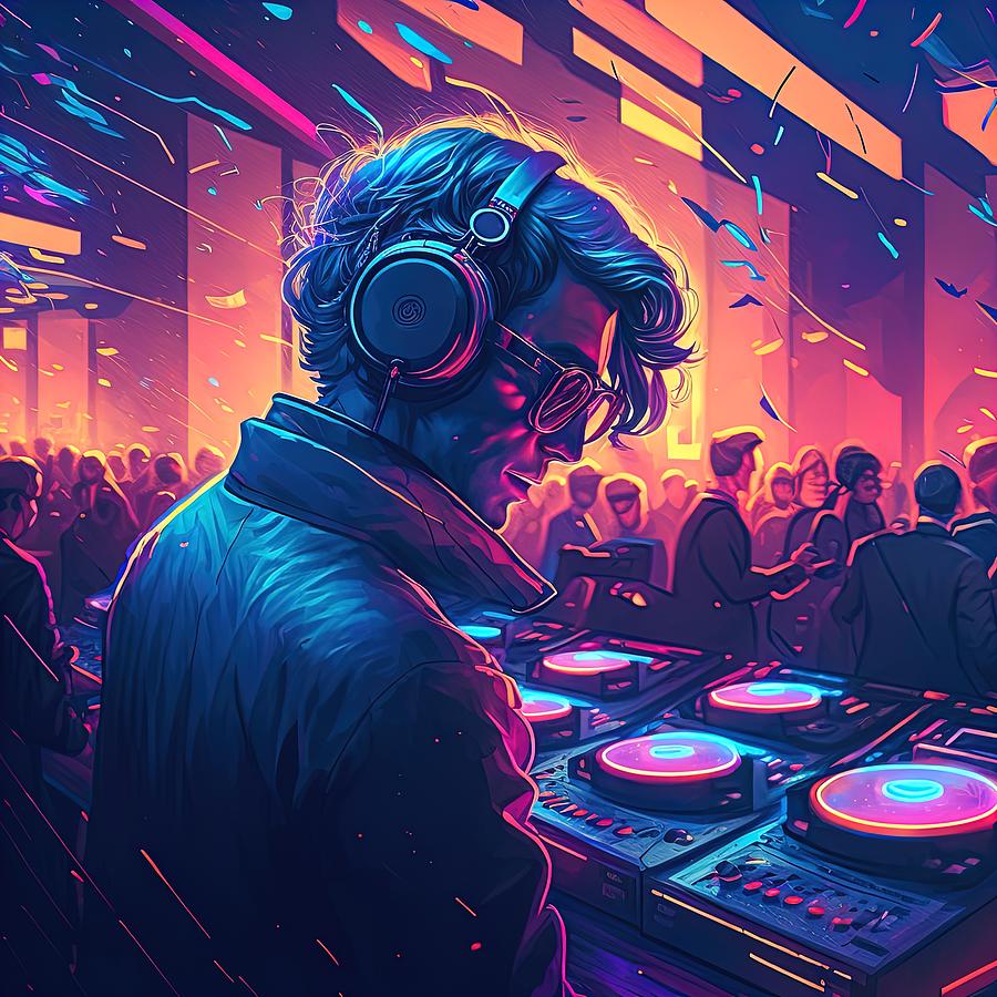 Dj Spinning Records In A Party Synthwave Digital Art By Damien Adam 