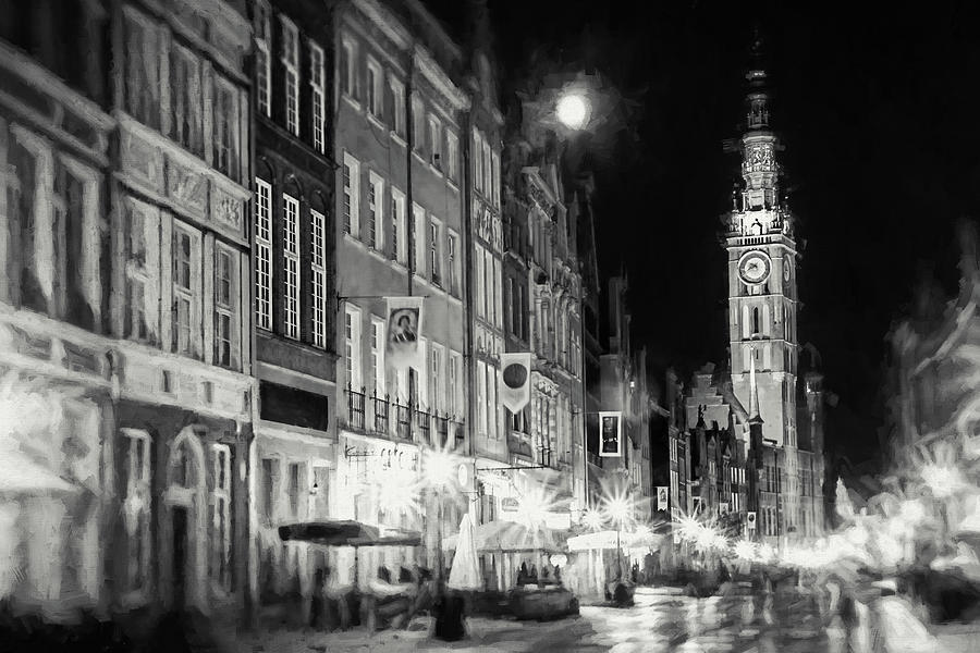Dluga Street Gdansk Poland by Night Black and White Photograph by Carol Japp