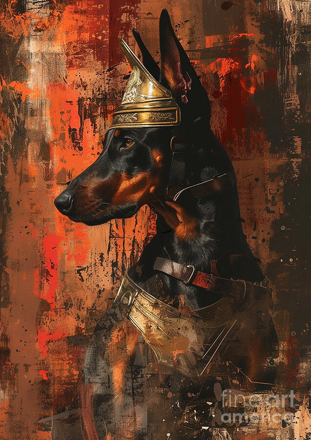 Abstract Painting - Doberman Pinscher - wrapped in the cloak of a Roman spy by Adrien Efren
