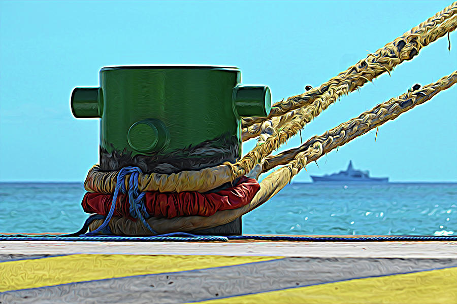 Dock Bollard at Oranjestad Expressionism Photograph by Bill Swartwout