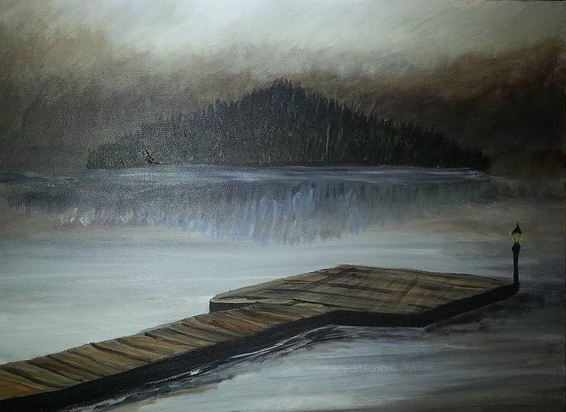 Dock on Foggy Lake Painting by Joseph Eisenhart