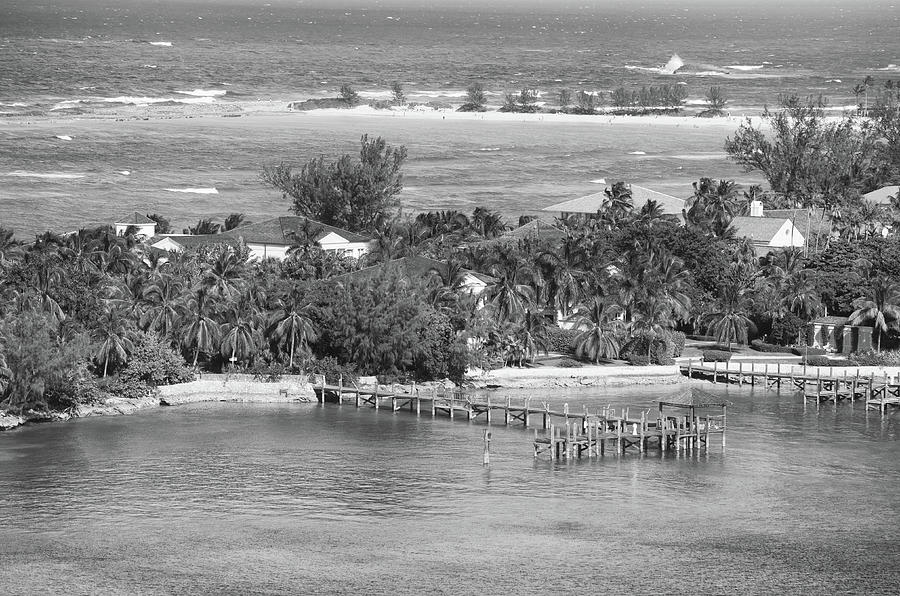 Docks of Paradise Island under Paradise Beach at Atlantis Nassau Bahamas Black and White Photograph by Shawn OBrien