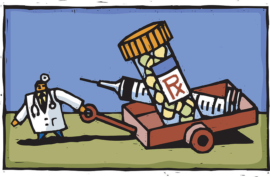 Doctor Dragging A Wagon Full Of Medication And A Syringe Drawing by Imagezoo