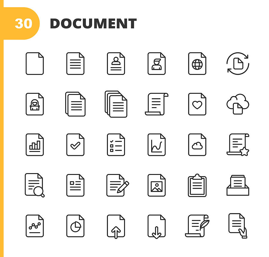Document Line Icons. Editable Stroke. Pixel Perfect. For Mobile and Web. Contains such icons as Document, File, Communication, Resume, File Search, Analytics, Music, Video, Downloading, Uploading, Law, Image, Cloud, Writing. Drawing by Rambo182
