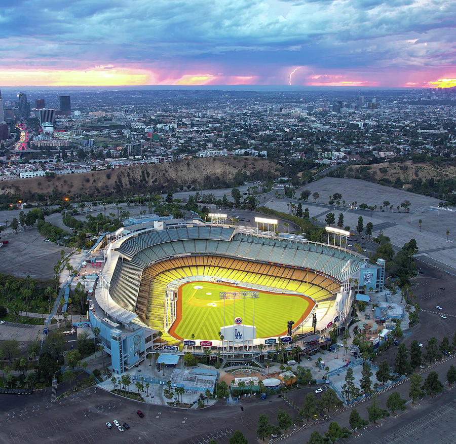 Dodger Stadium With Lightning Behind It Photograph
