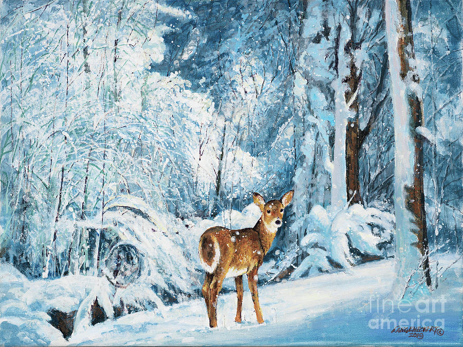 Deer Painting - Doe in Snow by Don Langeneckert