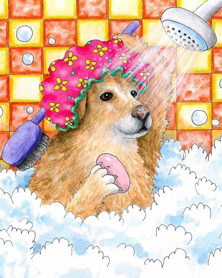 Dog 129 Golden Retriever in Shower Painting by Lucie Dumas