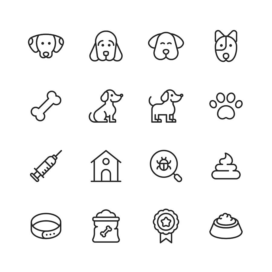 Dog Line Icons. Editable Stroke. Pixel Perfect. For Mobile and Web. Contains such icons as Dog, Puppy, Kennel, Domestic Animal, Dog Bone, Syringe, Badge, Dog Paw, Veterinarian, Pet Bowl, Dog Food. Drawing by Rambo182