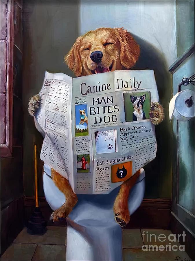 Nature Painting - Dog Reading the Newspaper On Toilet Funny by Stewart Joanne