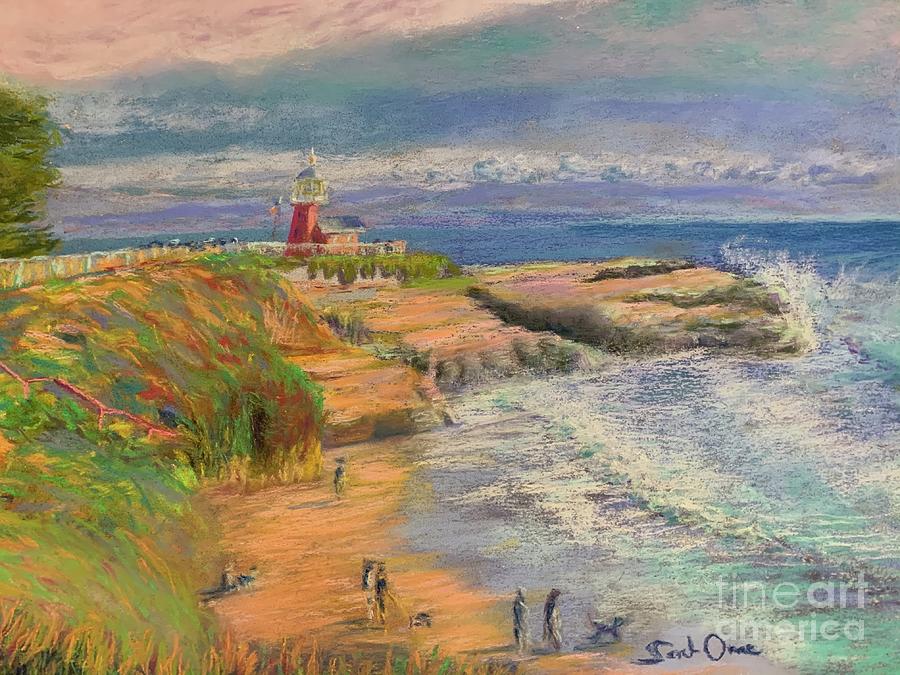 Dog Pastel - Dog walk by the lighthouse  by Sarah Orre