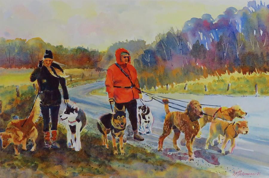 Dog Walkers Late Fall Painting by David Gilmore