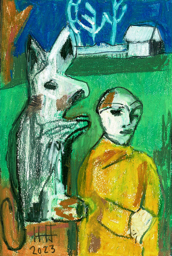 Dog with Man Pastel by Edgeworth Johnstone