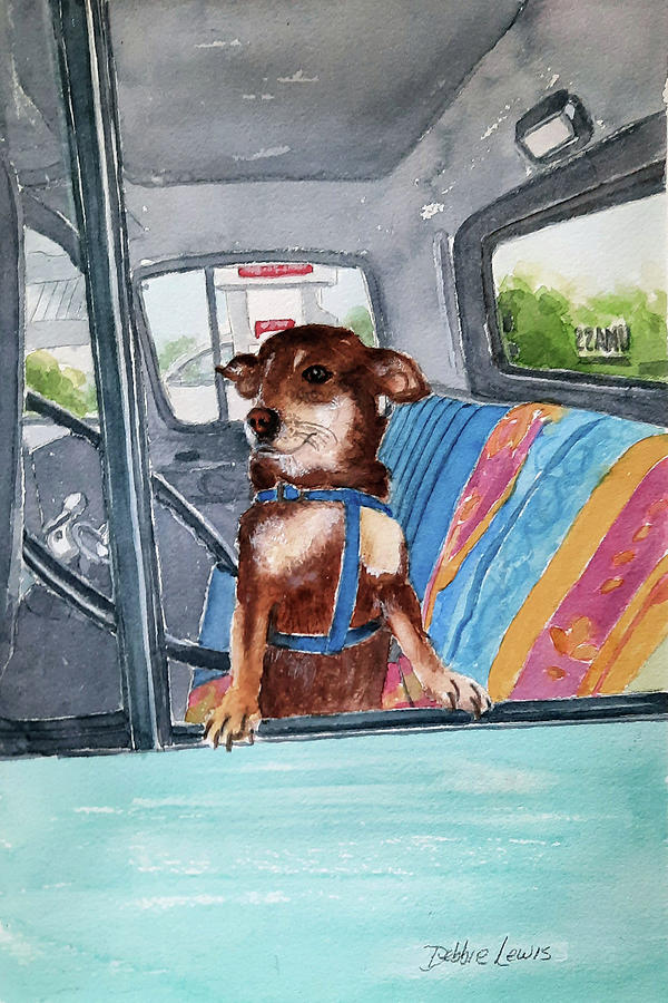 Doggie Caught in the Drivers Seat Painting by Debbie Lewis