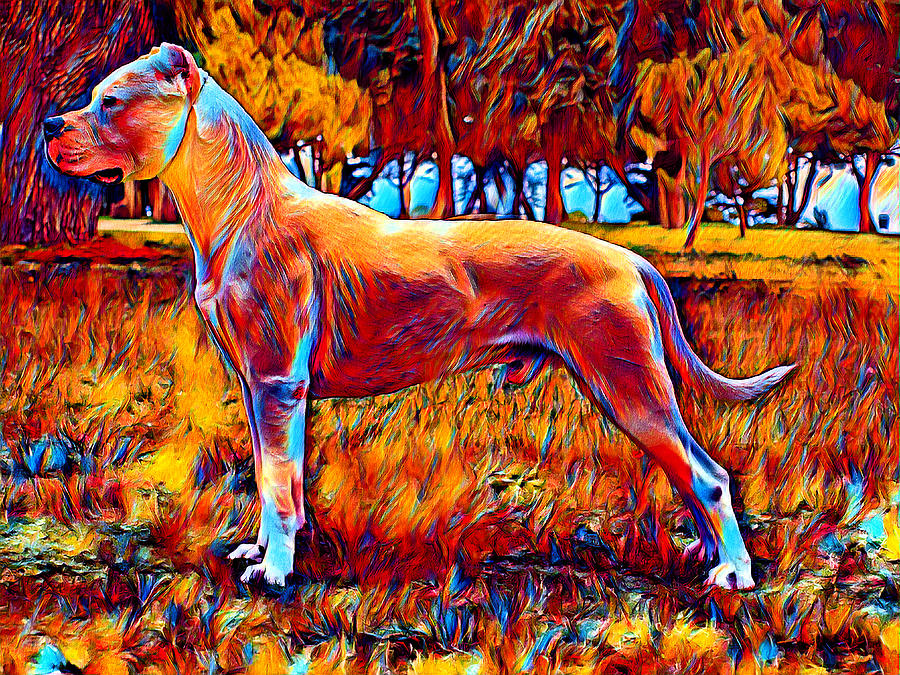 Dogo Argentino in the woods - colorful dark orange and red Digital Art by Nicko Prints