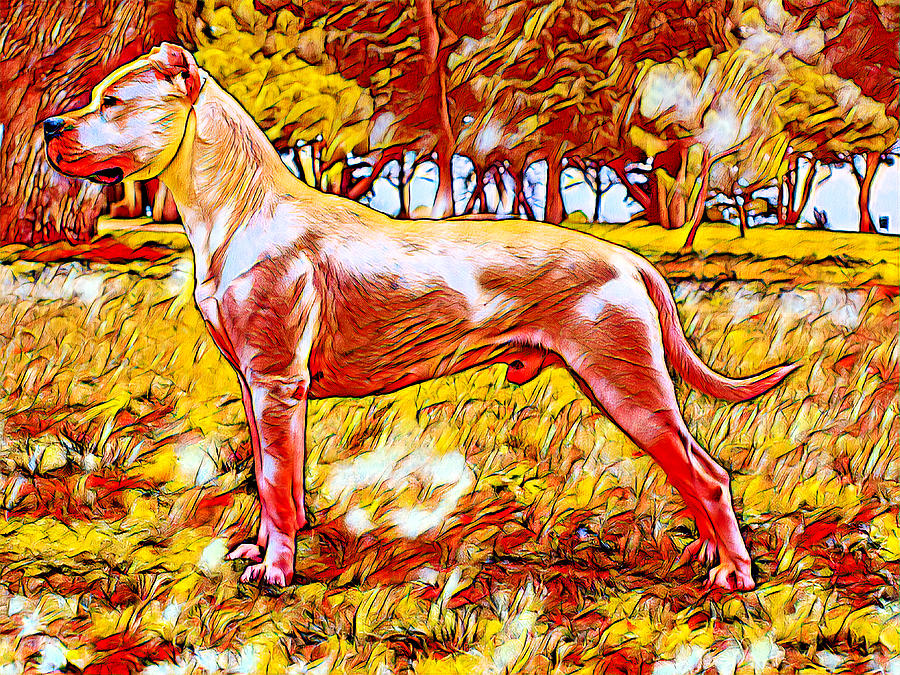 Dogo Argentino in the woods - colorful warm colors digital painting Digital Art by Nicko Prints