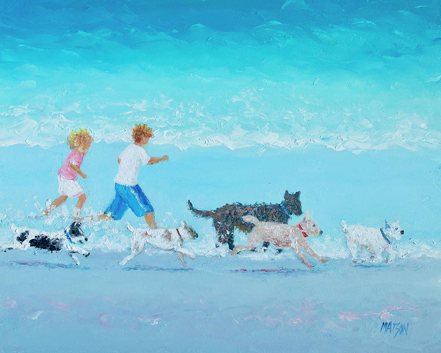 Dogs Day Out, beach scene Painting by Jan Matson