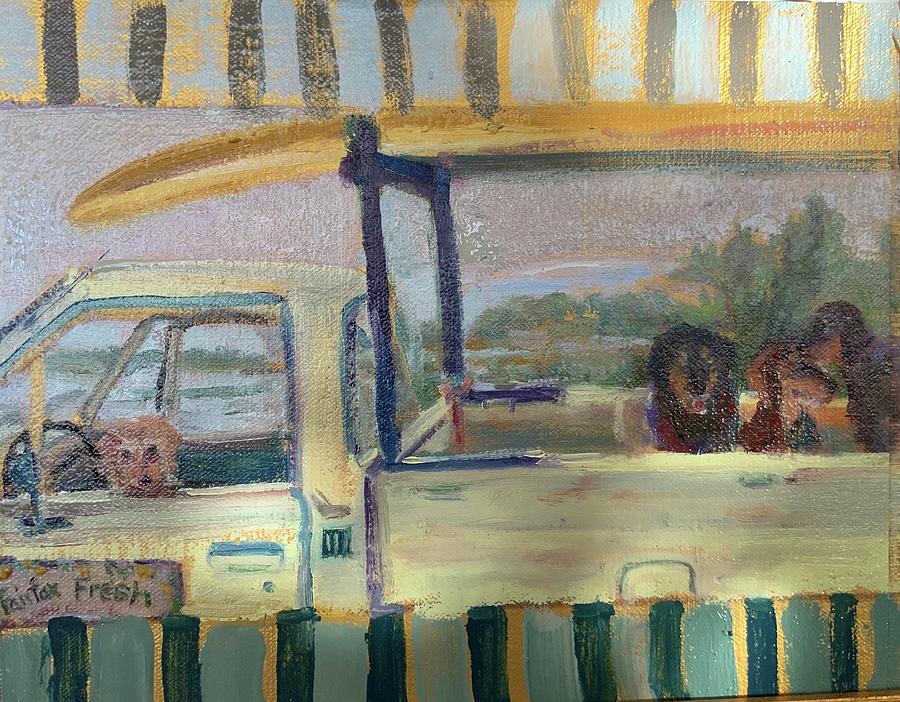 Dogs in truck Painting by Margaret Elliott