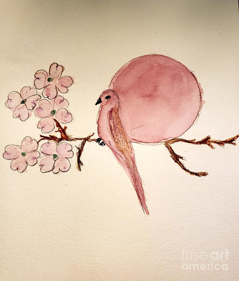 Dogwood,  bird and a pink moon Painting by Margaret Welsh Willowsilk