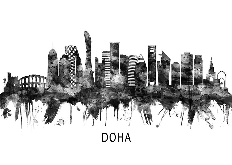Doha Qatar Skyline Bw Mixed Media