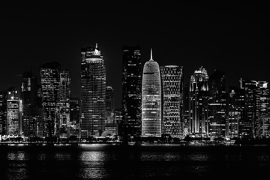 Doha Skyline By Night in BW Photograph by Yancho Sabev Art