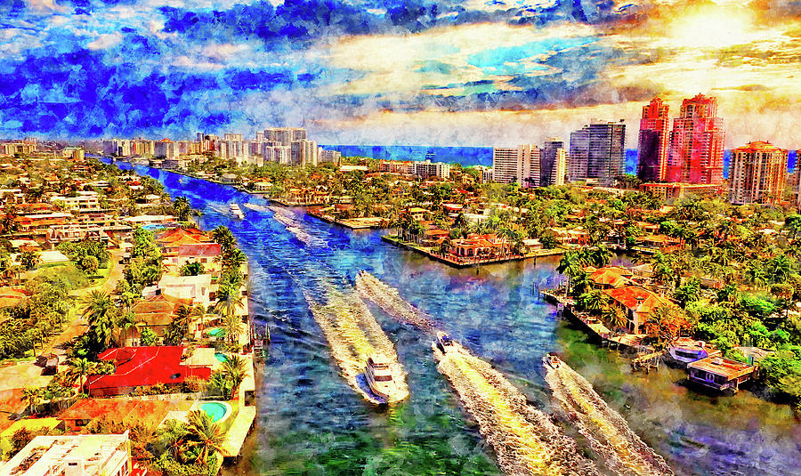 Dolphin Isles and the hotels on the Lauderdale Beach seen in the distance at sunrise Digital Art by Nicko Prints