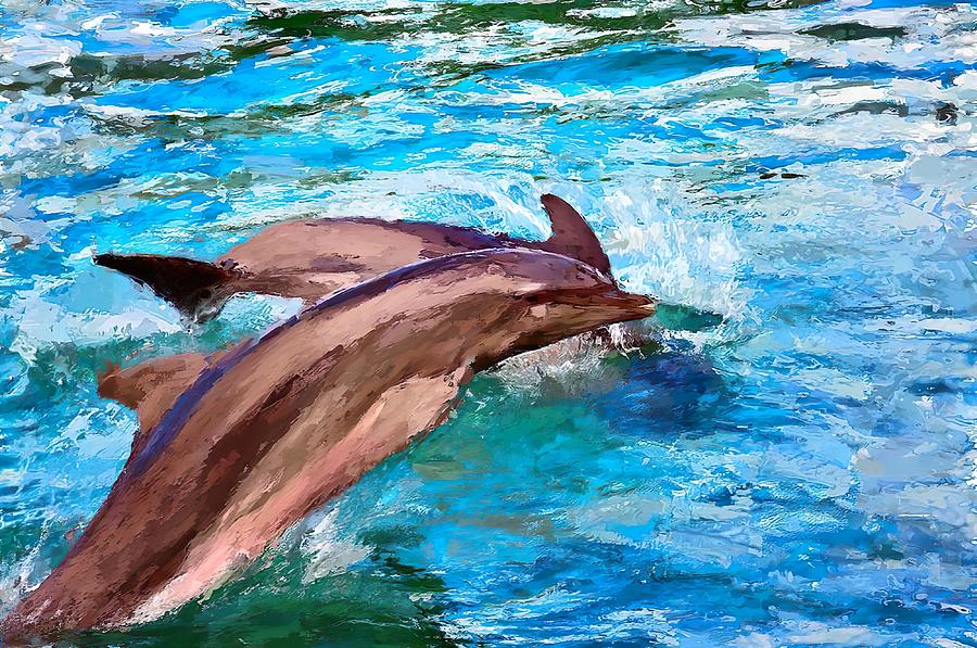 Dolphins playing - Painting Mixed Media by Tatiana Travelways